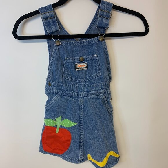 Oshkosh B'gosh Denim Blue Overall Dress Vintage Appliqued Apple & Worm Rare - Picture 1 of 8